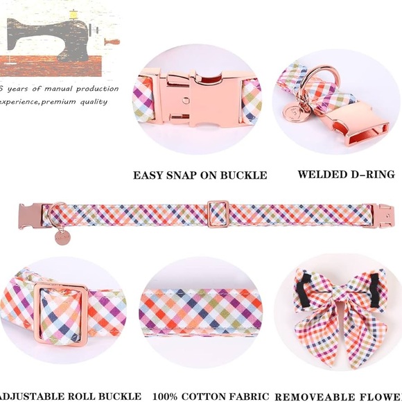 DOG WONG Gingham Rose Gold Dog Collar & Bowtie Adjustable Med Lg NWT - Picture 4 of 8